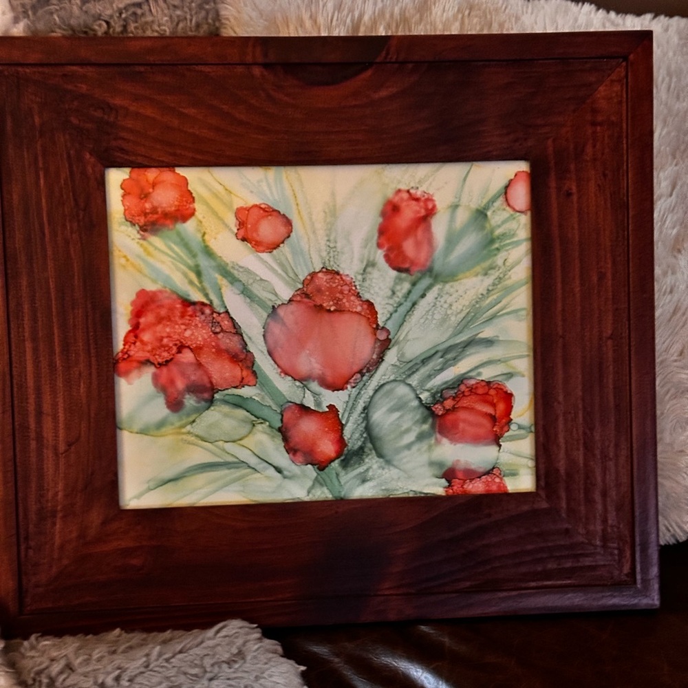 Hand crafted original botanical red abstract alcohol ink wall decor painting